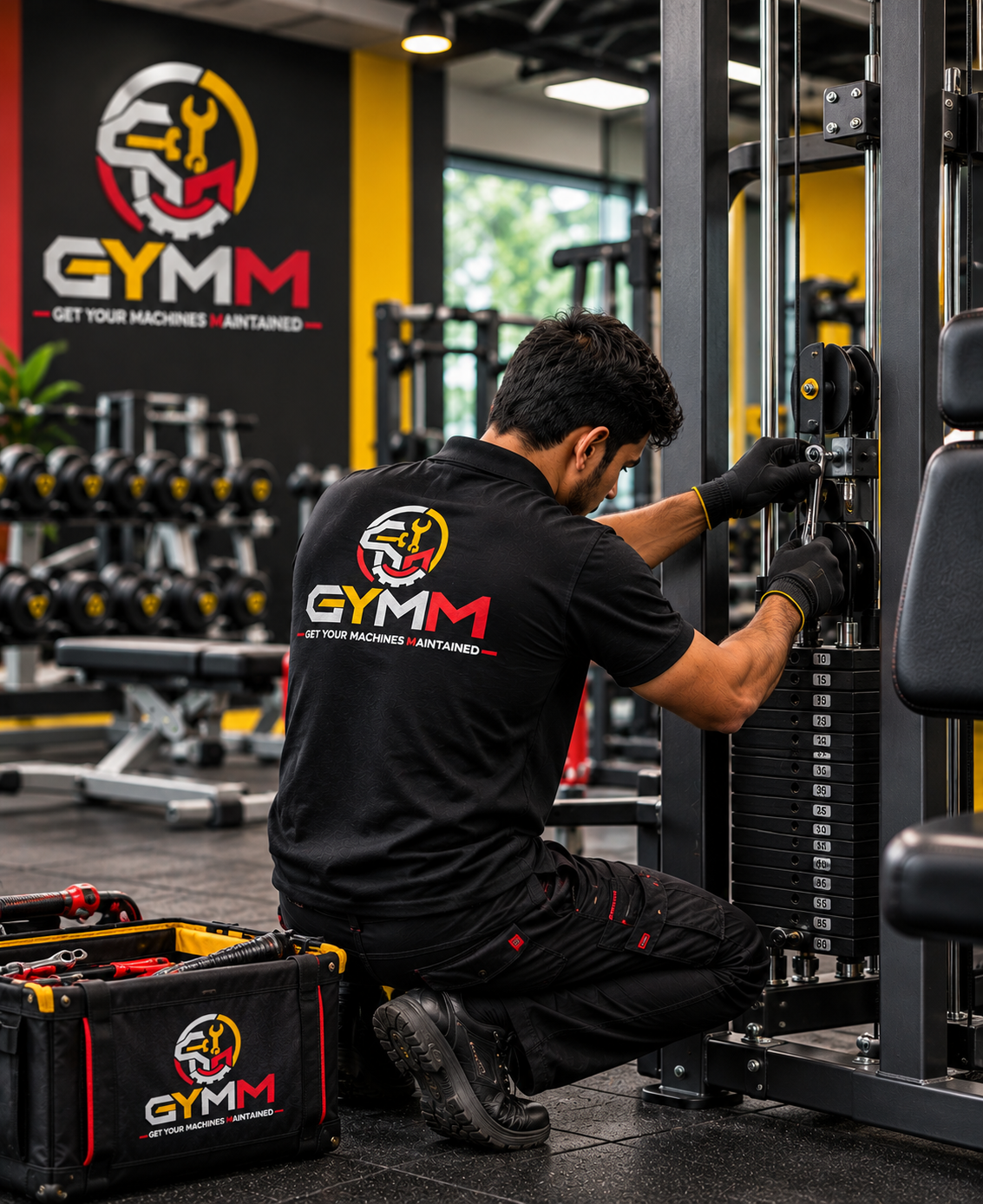 GYMM technician working on treadmill equipment during gym maintenance