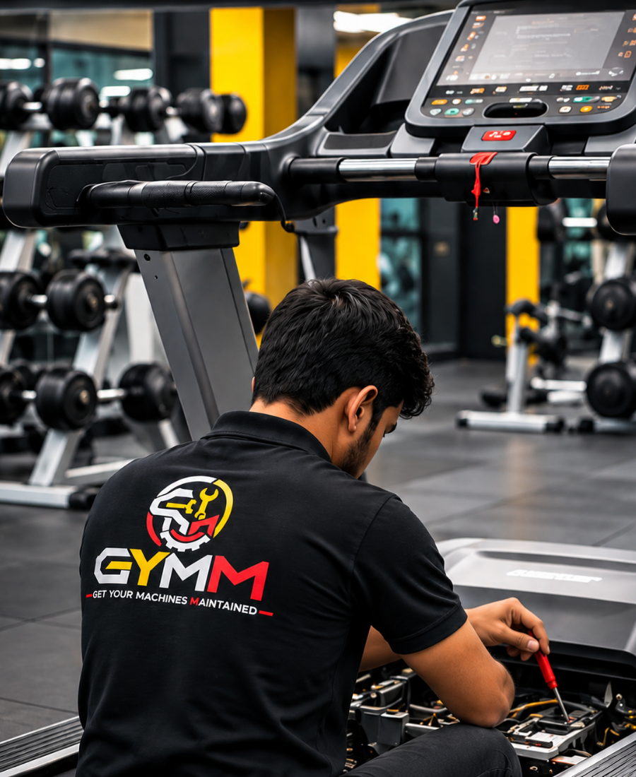 GYMM technician repairing a treadmill and maintaining gym equipment